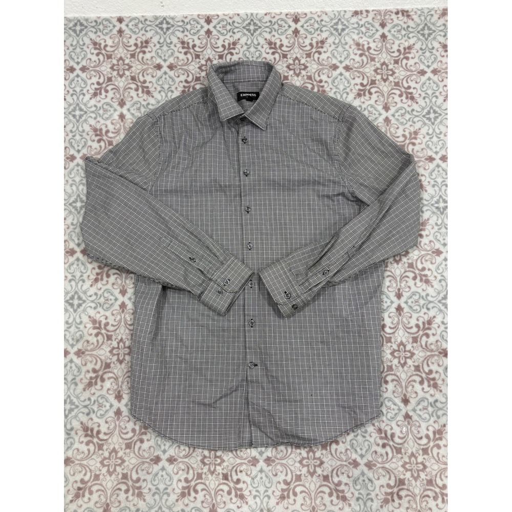 Express Classic Mens Large Black White Micro Check Stretch Button Down Shirt